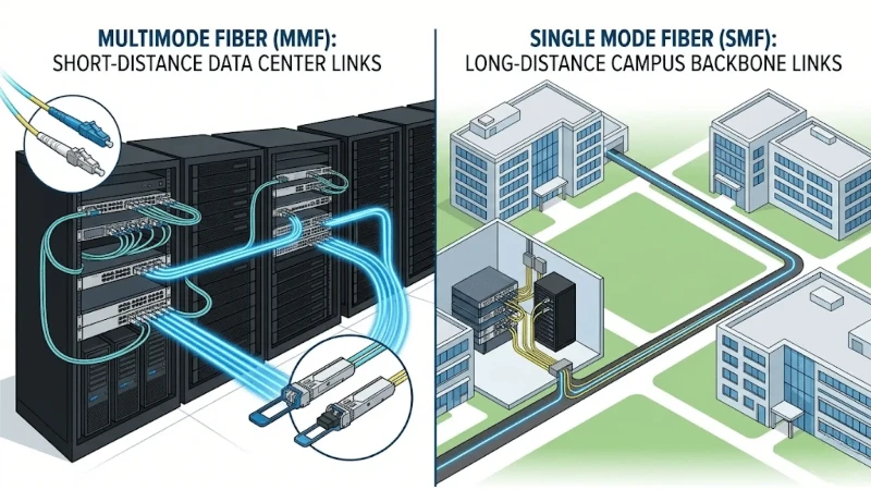 Single mode vs multimode fiber comparison showing short-distance data center links and long-distance campus backbone connections Single mode vs multimode fiber comparison showing short-distance data center links and long-distance campus backbone connections